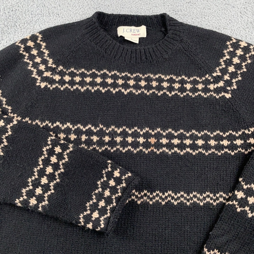 VTG J Crew Sweater Mens Small Black Handknit Lambswool Fair Isle Pullover